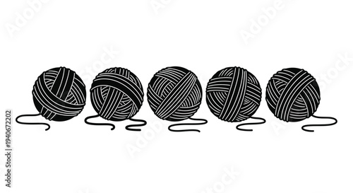 Five balls of yarn arranged in a row black and white sketch