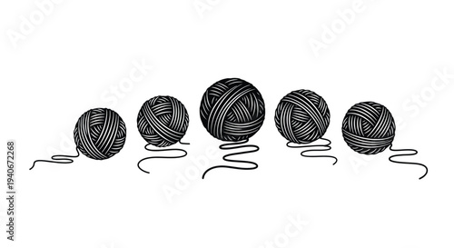 Five balls of yarn arranged in a row sketched in black and white