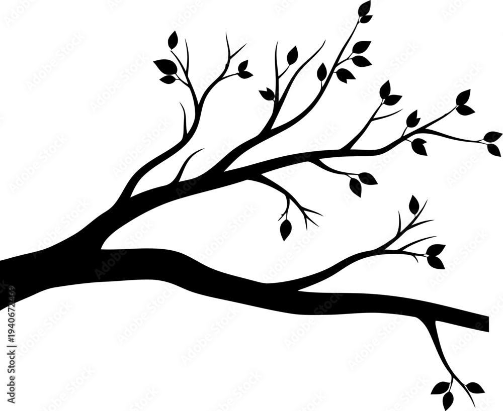 Naklejka premium Silhouette of a tree branch with leaves and birds