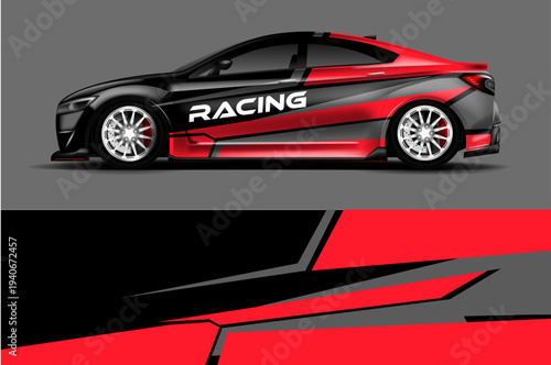 Sleek Sport Car with Dynamic Red and Black Racing Graphics on Grey Background