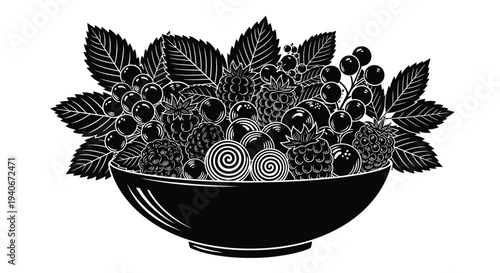A black and white illustration of a bowl filled with various berries and leaves