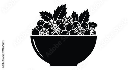 A black and white illustration of blueberries and currants in a bowl