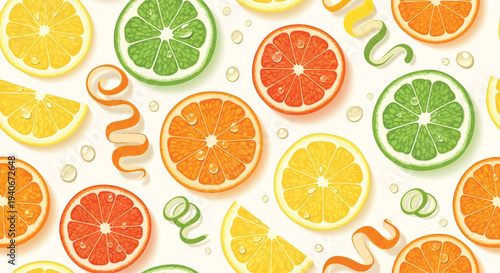 A vibrant pattern of citrus fruits, including oranges, lemons, and limes, arranged in a lively and colorful display.