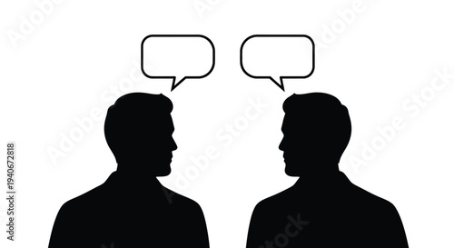Two silhouetted heads facing each other with speech bubbles above