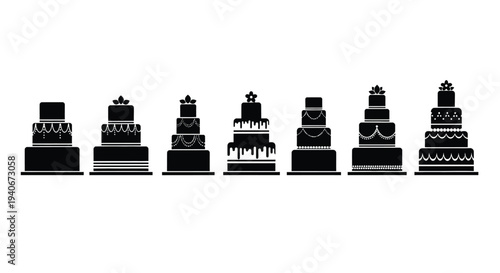 A collection of silhouetted wedding cakes in varying designs and tiers