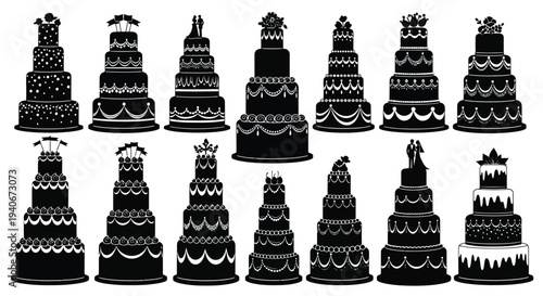 Collection of intricately designed wedding cakes in black and white