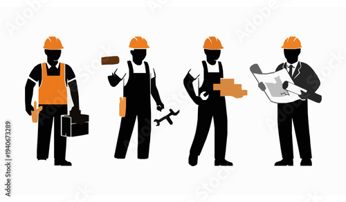 Black and orange construction worker silhouettes with tools builder profession vector set
