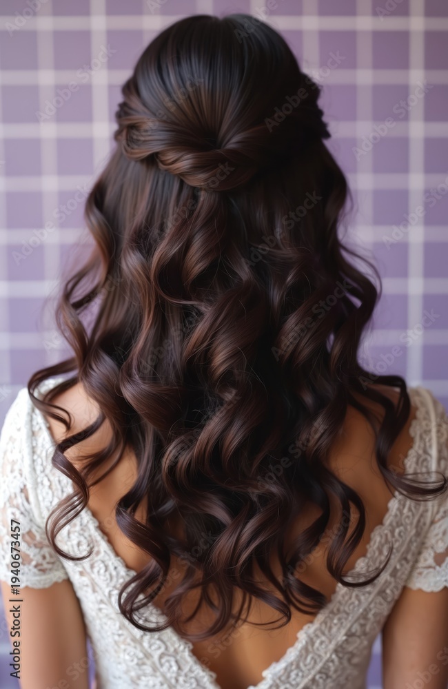 Obraz premium Brunette woman wears white lace dress. Elegant twisted half updo with loose curls. Formal event hair styling perfection. Looks beautiful and ready.