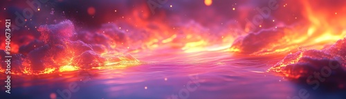 Intense warm atmospheric clouds hover above shimmering otherworldly water surface