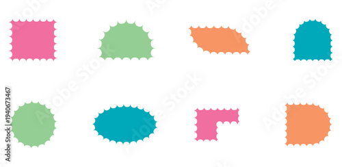  Set of collection. frames with zigzag edge, scallop edge shape. Rectangular, oval round scalloped frames. Isolated elements for design of text box, badge, banner. Vector illustration.