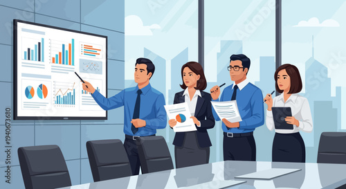 Business professionals analyzing data in a modern conference room.