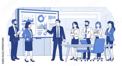 Business professionals discussing data analysis in a modern office setting.