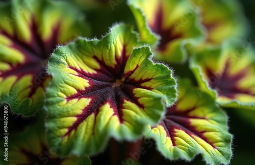 Closeup of rex begonia leaves showing vivid green yellow and maroon star patterns. Their textured surfaces have fine white hairs along the edges.