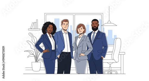 Diverse group of business professionals standing together in a modern office.