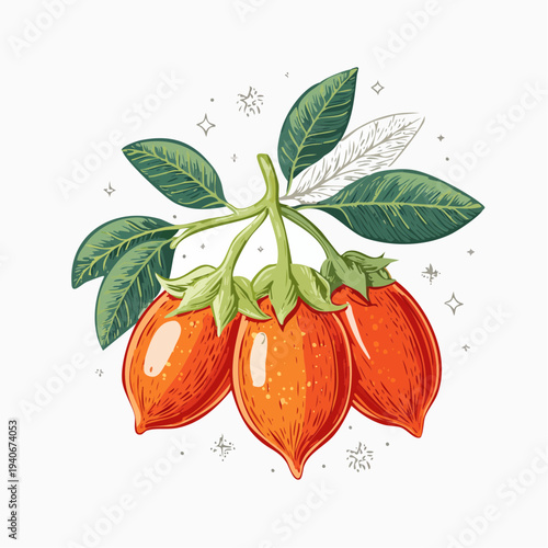 Vibrant orange fruits with green leaves and stems are surrounded by sparkling snowflakes.