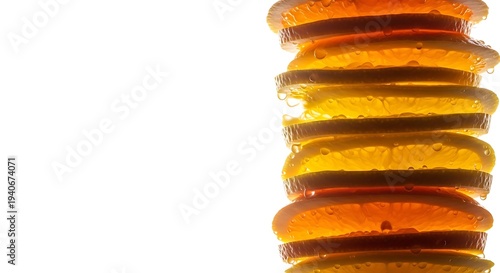 Freshly sliced lemons stacked with water droplets on white background