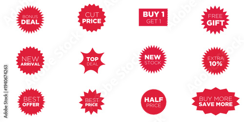 Sale Badge Promotion Sticker Set Red Discount Label Best Offer Deal Price Free Gift New Arrival Vector Collection