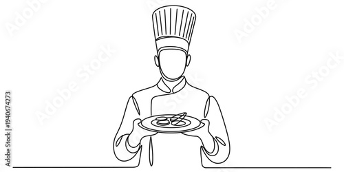 Continuous line chef holding plate serving food professional cooking concept
