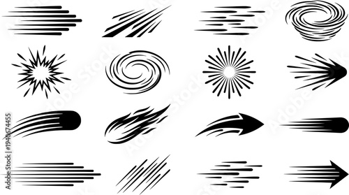 Collection of dynamic speed lines and motion effects in black and white design elements
