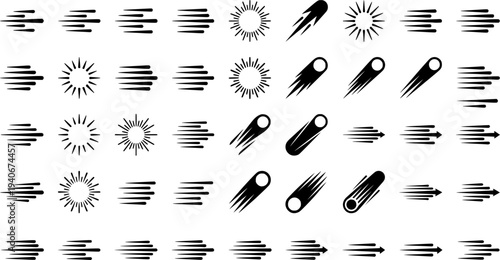 Collection of dynamic speed lines and motion effects in black and white design elements
