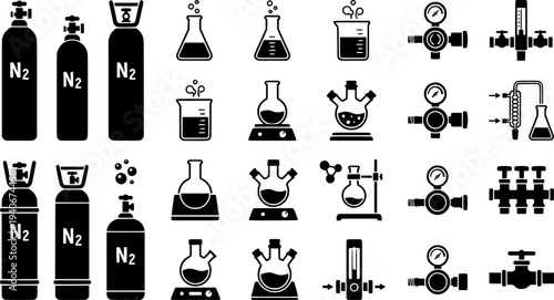 Black and White Science Icons with Nitrogen and Laboratory Equipment
