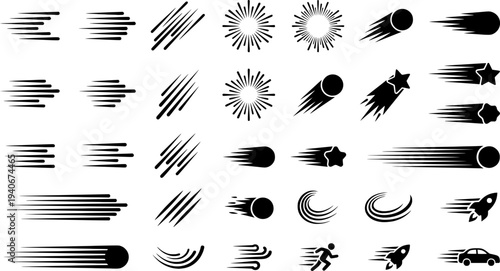 Collection of dynamic speed lines and motion effects in black and white design elements
