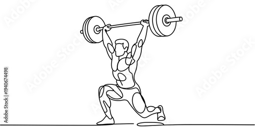 Continuous line weightlifter lifting barbell strength training fitness sport illustration