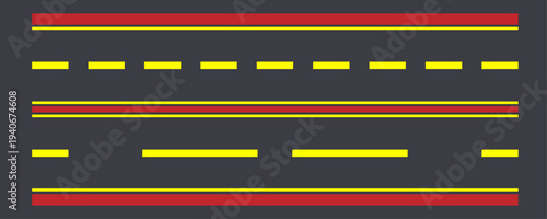 Collection of Road Marking Lines: Yellow Dashed, Solid, and Double Lines with Red Boundaries for Traffic Rules