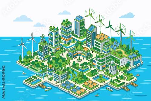 This imaginative vector illustration portrays a futuristic floating eco city designed with sustainability and environmental innovation in mind.