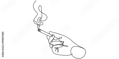 Continuous line hand holding cigarette smoking addiction health risk concept