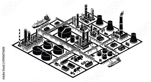Isometric illustration of an industrial complex with factories silos and ships