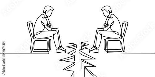 Continuous line two men conflict separation relationship break concept illustration