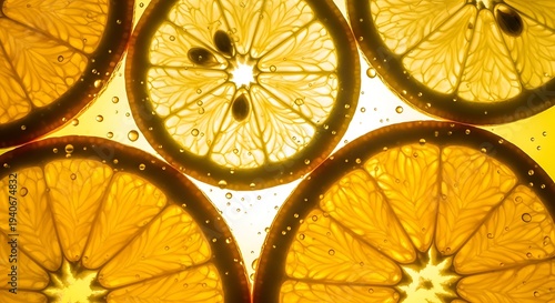 Vibrant orange slices with water droplets on a bright yellow background