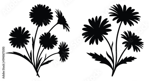 Black and white floral arrangement of daisy like flowers with stems