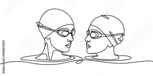 Continuous line swimmers facing each other competition sport swimming illustration