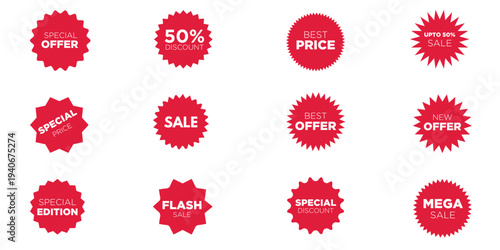 
Red sale starburst sticker set - collcetion of stared round and oval labels and badges with best offer and discount sign