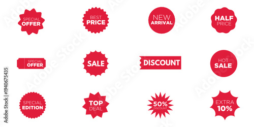 Discount Sale Badge Set Red Promotion Sticker Label Best Offer Deal Price New Arrival Shopping Vector Illustration