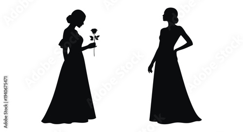 Two elegant women in silhouette one offering a single rose