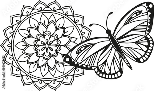 Black and white butterfly next to floral mandala floral black and white line coloring page