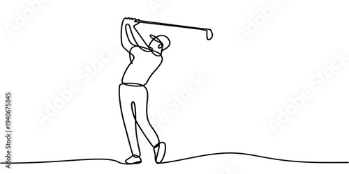 Continuous line golf player swinging club sport activity illustration