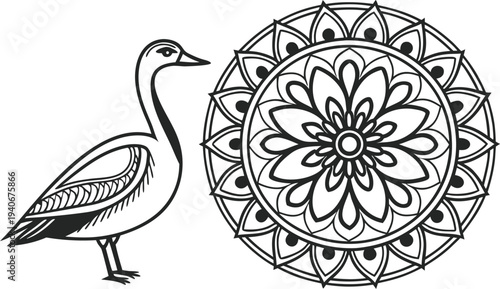 Black and white goose standing beside ornamental arabesque mandala