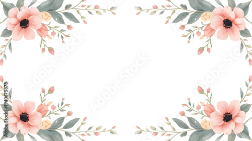 Watercolor Floral Frame Border with Pink Anemone and Roses on White Background