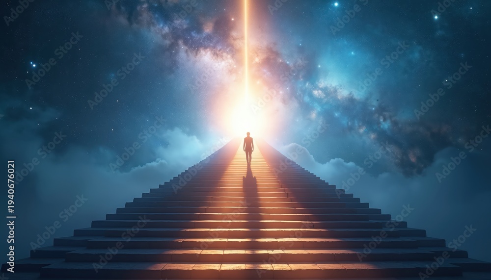 Fototapeta premium Man walks up endless stone stairs towards bright light in night sky. Journey to heaven or afterlife, spiritual path to success and hope beyond.