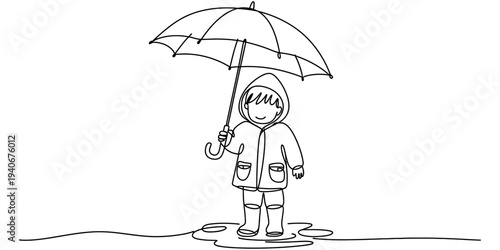 Continuous line child with umbrella standing in rain puddle illustration