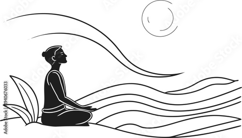 Black and white of a person meditating outdoors under the moon meditation yoga sitting