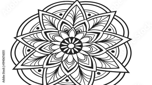 Black and white meditation mandala coloring page with layered petal and circle flower