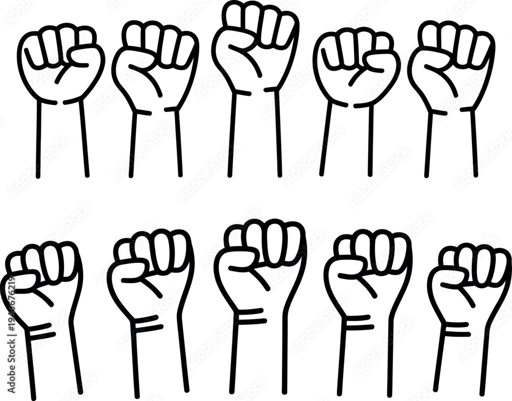 Fototapeta premium Group of black outlined clenched fists raised up in unity and protest symbol