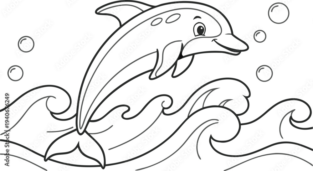 Fototapeta premium Cute dolphin jumping over wave in ocean with bubbles cartoon