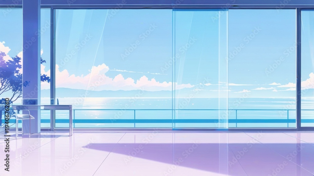Fototapeta premium Anime Modern Office Background With Floor To Ceiling Glass Windows and Ocean View