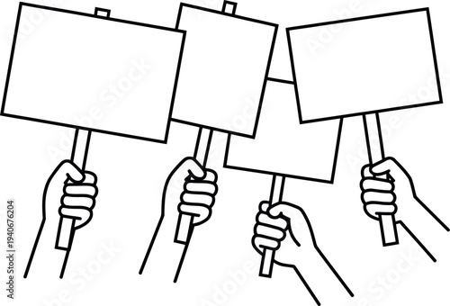 Collection of four hands holding blank protest signs on sticks isolated on transparent background for copy space